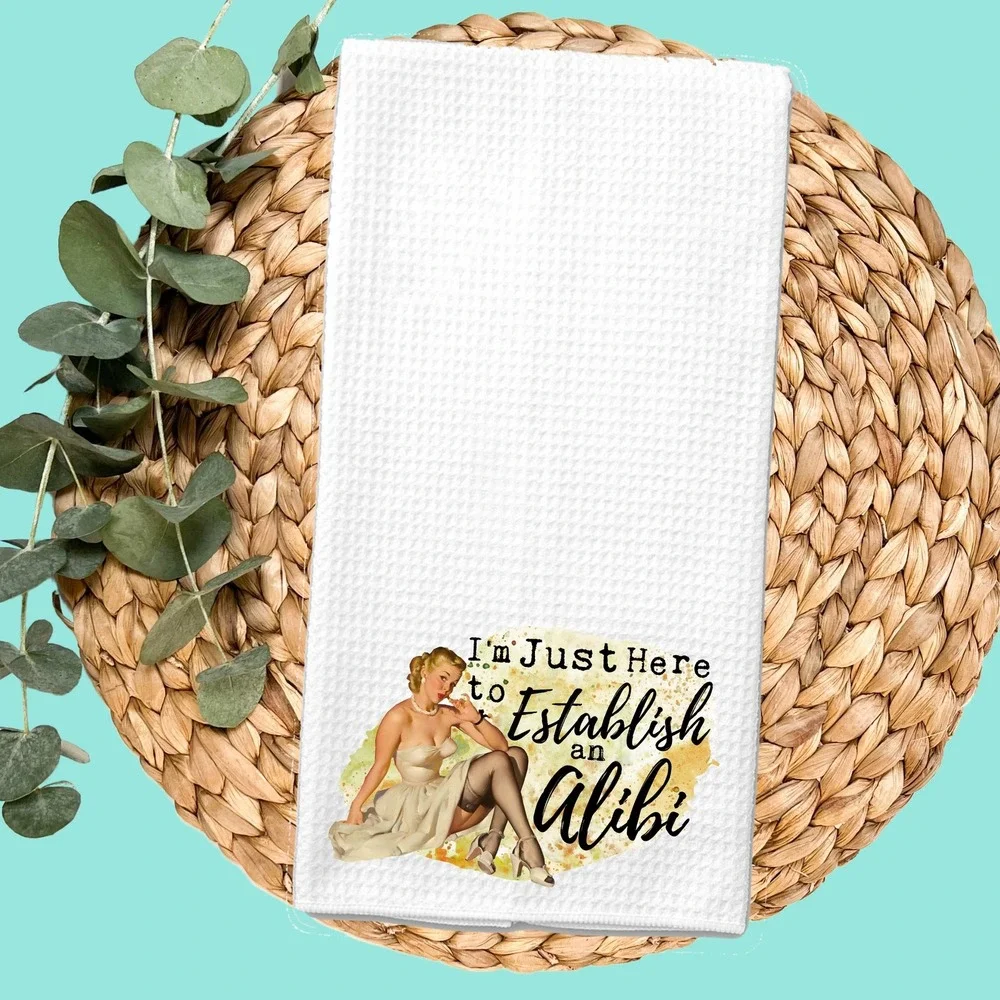 Vintage Pin Up Alibi Waffle Weave Kitchen Towel White Retro Hand Towel 16x24